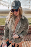 Gray Contrast Snakeskin Trim Pocketed Corduroy Jacket