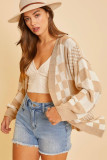 Khaki Mixed Checker Knit Drop Shoulder Cardigan