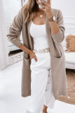 Gray Ribbed Trim Pockets Open Front Midi Cardigan