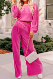 Rose Red Solid Pleated Crop Top Wide Leg Pants Set