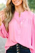Pirouette Button Split Neck Pleated Puff Sleeve Blouse