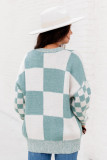Mint Green Checkered Print Drop Shoulder Sweater
