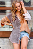 Khaki Color Block Raw Hem Buttoned Corduroy Shacket