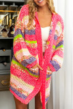 Rose Striped Knitted Hooded Open Front Cardigan