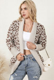 Khaki Fuzzy Leopard Ribbed Trim Lapel Collar Cardigan