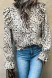 Floral Print V Neck Ruffled Blouse