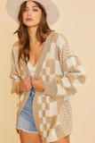 Khaki Mixed Checker Knit Drop Shoulder Cardigan