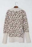 Khaki Fuzzy Leopard Ribbed Trim Lapel Collar Cardigan