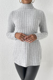 Plain High Collar Side Split Rib Long Sleeves Top