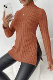 Plain High Collar Side Split Rib Long Sleeves Top