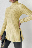Plain High Collar Side Split Rib Long Sleeves Top