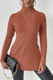 Plain High Collar Side Split Rib Long Sleeves Top