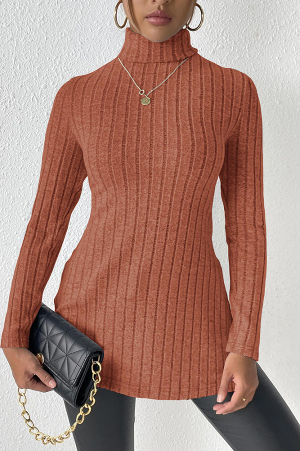 Plain High Collar Side Split Rib Long Sleeves Top