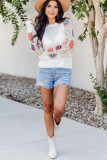 White Pointelle Floral Crochet Sleeve Sweater