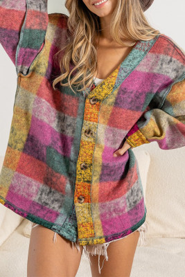 Multi Color Plaid Tie Dye V Neck Button Coat