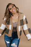 Brown Checkered Knit Ribbed Trim Buttoned Plus Cardigan