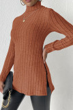 Plain High Collar Side Split Rib Long Sleeves Top