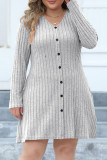 Plain V Neck Buttoned Rib Plus Size Dress
