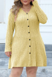 Plain V Neck Buttoned Rib Plus Size Dress