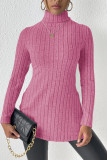 Plain High Collar Side Split Rib Long Sleeves Top