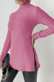 Plain High Collar Side Split Rib Long Sleeves Top