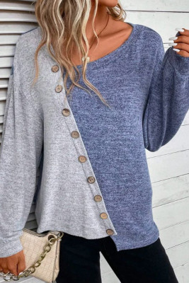 Colorblock Splicing Irregular Button Long Sleeves Top