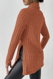 Plain High Collar Side Split Rib Long Sleeves Top