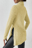 Plain High Collar Side Split Rib Long Sleeves Top