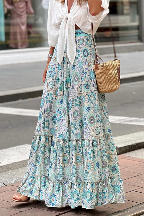 Sky Blue Boho Floral Print Maxi Skirt