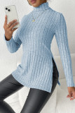 Plain High Collar Side Split Rib Long Sleeves Top