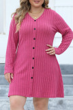 Plain V Neck Buttoned Rib Plus Size Dress