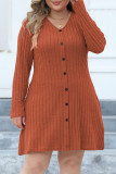 Plain V Neck Buttoned Rib Plus Size Dress
