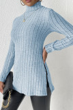 Plain High Collar Side Split Rib Long Sleeves Top