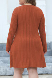 Plain V Neck Buttoned Rib Plus Size Dress