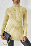 Plain High Collar Side Split Rib Long Sleeves Top