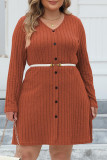 Plain V Neck Buttoned Rib Plus Size Dress