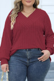 Plain V Neck Rib Plus Size Top