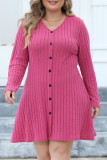 Plain V Neck Buttoned Rib Plus Size Dress