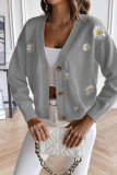 Daisy Embroidery V Neck Open Button Cardigan