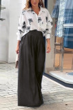 Button Printed Blouse With Wide Leg Pants 2pcs Set