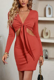Plain Open Bust Tie Hollow Out Dress