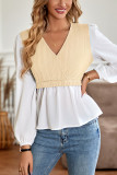 V Neck Jacquard Knit Splicing Puff Babydoll Blouse
