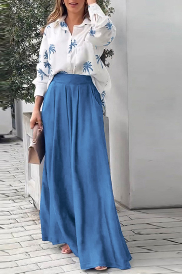 Button Printed Blouse With Wide Leg Pants 2pcs Set