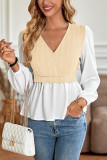 V Neck Jacquard Knit Splicing Puff Babydoll Blouse