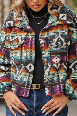 Aztec Print Button Up Fleece Crop Jacket