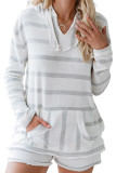 Bright White Striped Raw Edge Hoodie and Shorts Set