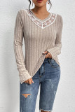 Khaki V Neck Embroidery Lace Rib Long Sleeves Top