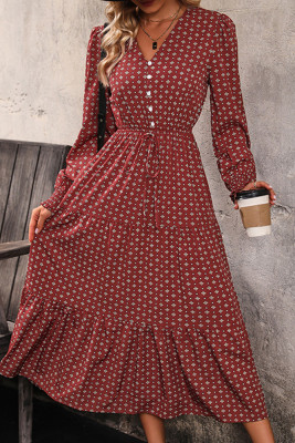 Wine Red V Neck Button Splicing Printing Dress