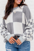 Medium Grey Checkered Print Drop Shoulder Sweater