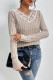 Khaki V Neck Embroidery Lace Rib Long Sleeves Top